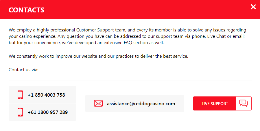 Red Dog Casino Customer Service